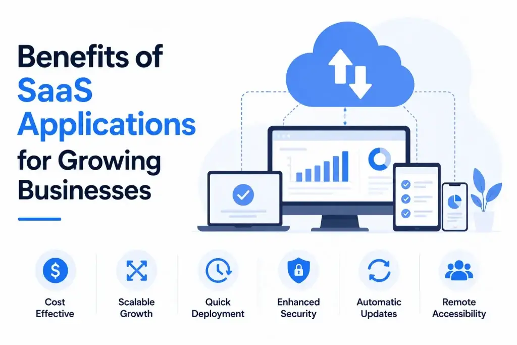 SaaS applications infographic showing cloud software benefits including scalability, security, remote accessibility, automatic updates, and cost efficiency.
