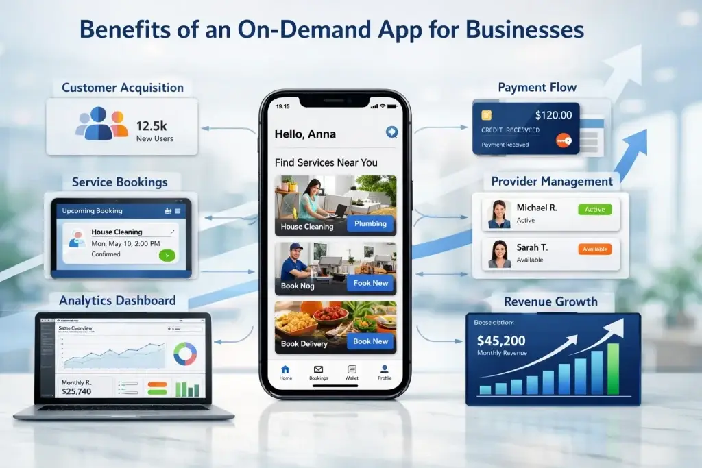 What Is an On-Demand App? Business Model, Features & Revenue 2 Infographic showing benefits of an on-demand app for businesses, including customer acquisition, service bookings, analytics dashboard, payment flow, provider management, and revenue growth.