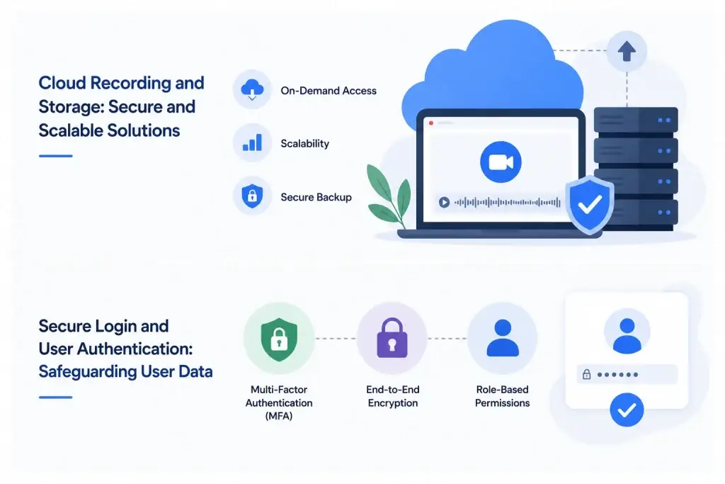 Top 16 Features for a Professional Zoom Clone App in 2026 1 Infographic showing cloud recording, secure storage, secure login, MFA, end-to-end encryption, role-based permissions, and user authentication features.