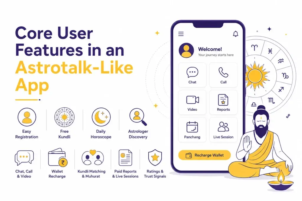 Astrotalk Features Breakdown for Startup Builders 1 Illustration of an Astrotalk-like app interface with astrology user features such as chat, call, video, reports, Panchang, live sessions, wallet recharge, Kundli, horoscope, and astrologer discovery.