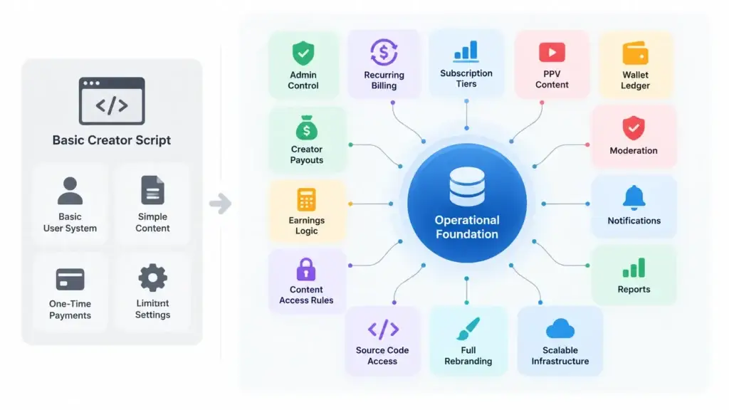 What Development Mistakes Should Founders Avoid When Launching a Subscription-Based Platform? 2 Creator platform operational foundation showing recurring billing, subscription tiers, PPV content, creator payouts, moderation, wallet ledger, admin controls, reports, and scalable infrastructure.
