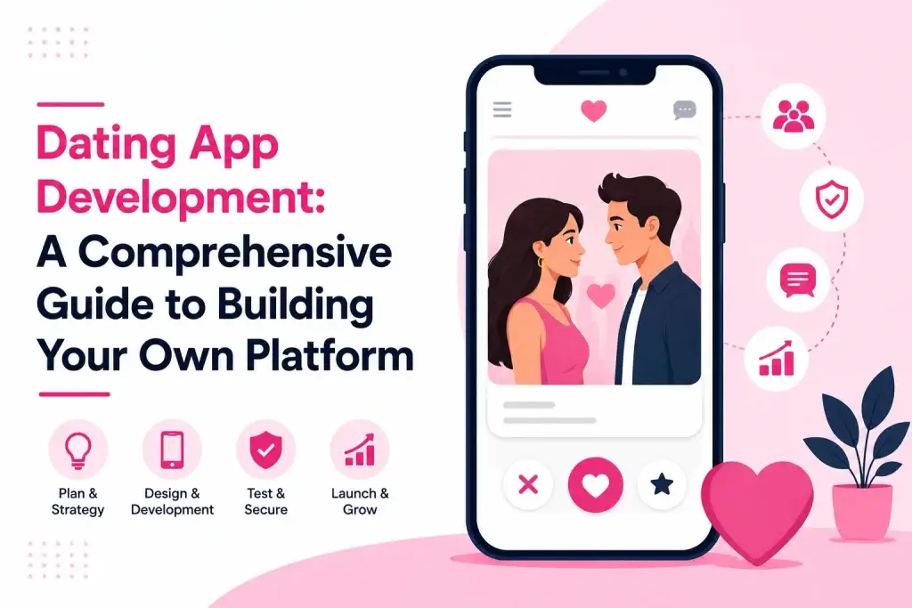 Dating app development infographic showing mobile dating platform design, matchmaking features, user engagement, security, and growth strategy.