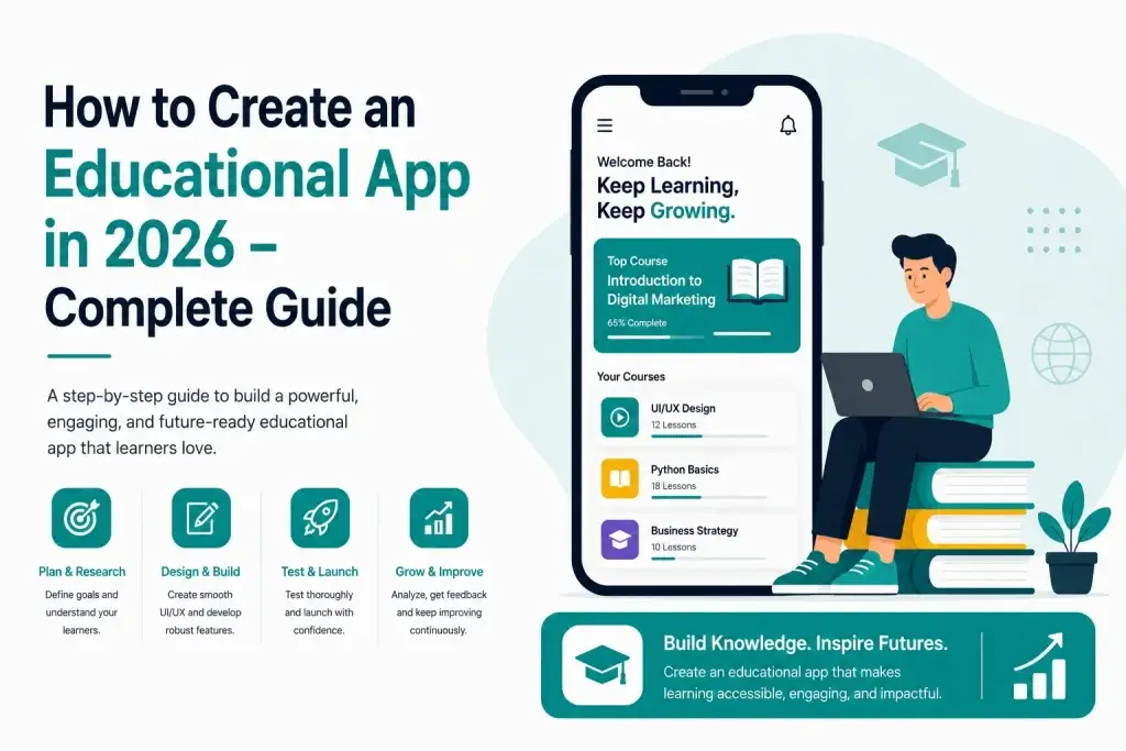 Educational app development guide infographic showing eLearning mobile app interface, online courses, student learning dashboard, and EdTech app development process