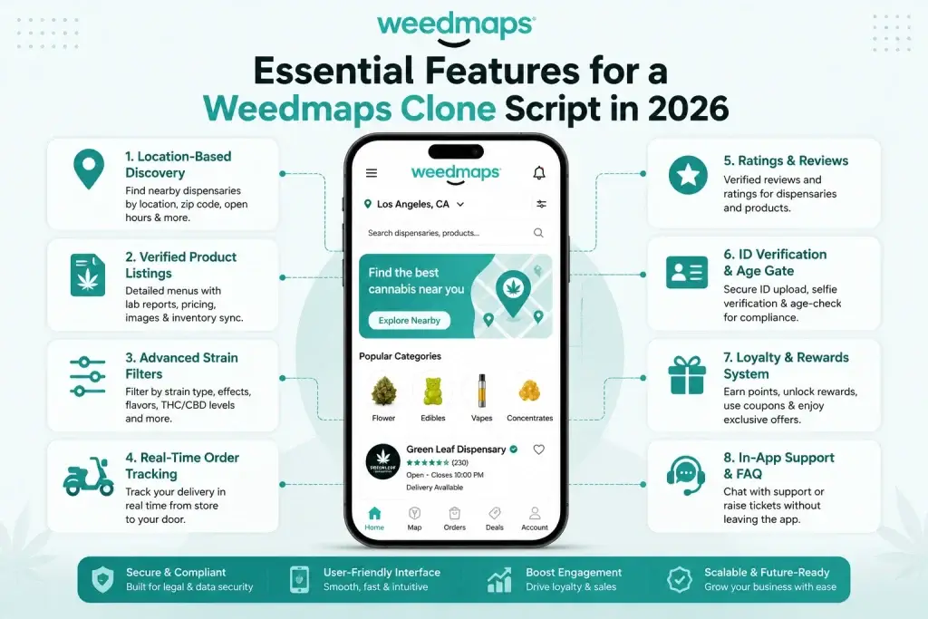 Best Weedmaps Clone script in 2026: Features & Pricing Compared 1 Weedmaps clone script features infographic showing dispensary discovery, product listings, order tracking, loyalty system, and cannabis marketplace app tools.