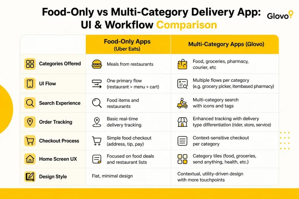 Top 5 Mistakes Startups Make When Building a Glovo Clone 1 Food-only vs multi-category delivery app comparison showing UI flow, search experience, order tracking, checkout process, and home screen differences