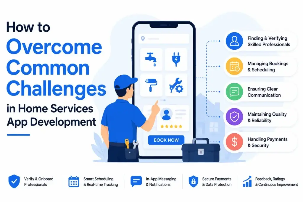 Home services app development infographic showing booking management, professional verification, communication, payment security, and service quality challenges.