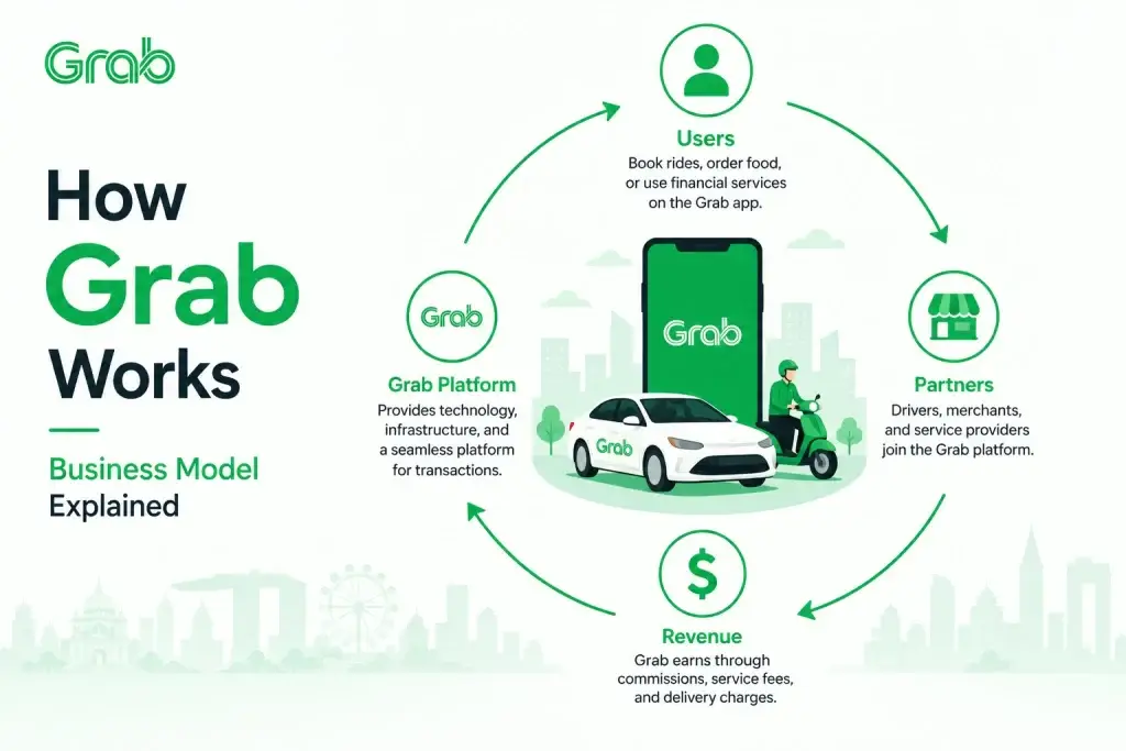 Infographic explaining how Grab works through users, partners, revenue generation, and platform services in its super app business model.