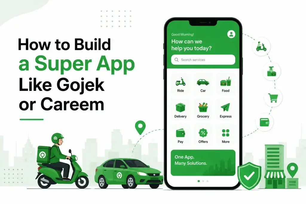 Illustration showing a super app like Gojek or Careem with ride booking, food delivery, grocery, payments, and multi-service features.