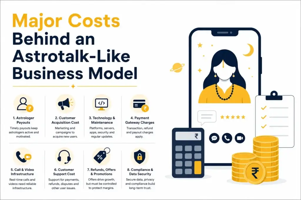 AstroTalk Revenue Model: How the Platform Makes Money and Grows 2 Infographic showing major costs behind an AstroTalk-like business model, including astrologer payouts, customer acquisition, technology maintenance, payment charges, call infrastructure, support, refunds, offers, and data security.