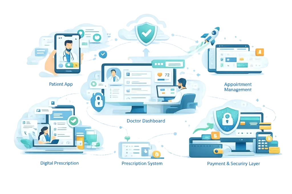 Step-by-Step Process to Build a Telehealth App Like Maple 1 Telehealth app ecosystem illustration showing patient app, doctor dashboard, appointment management, digital prescriptions, payment gateway, and healthcare security system