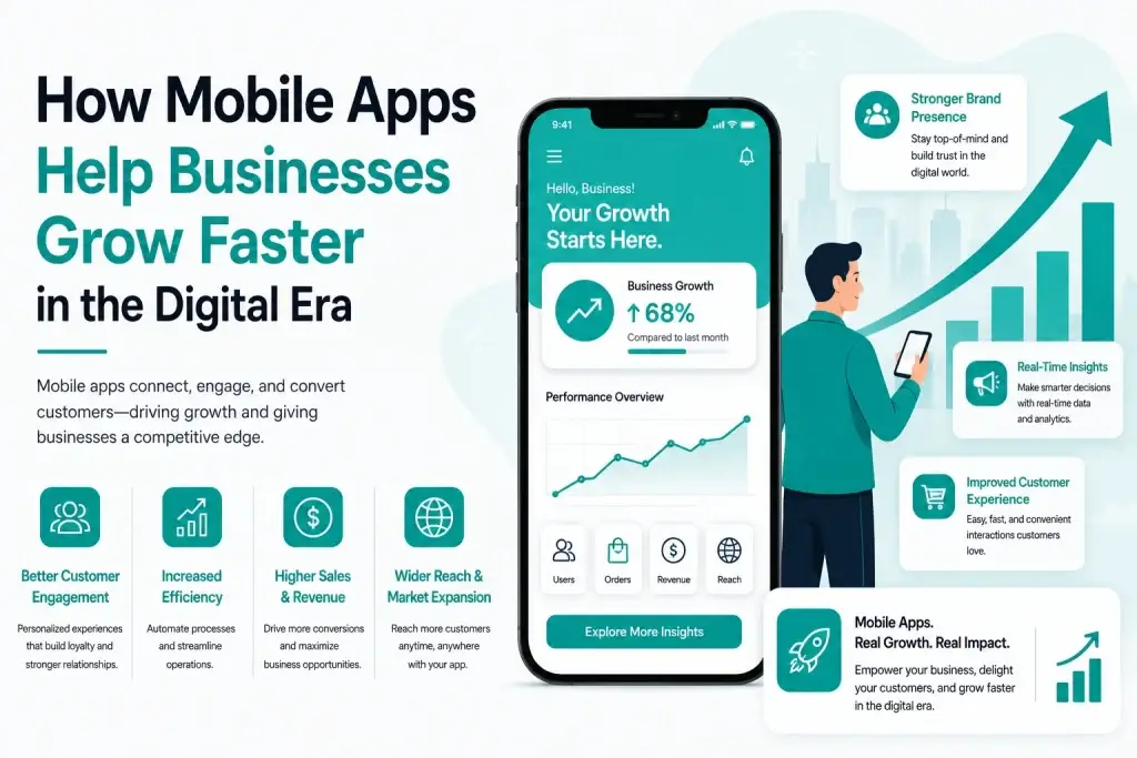 Mobile app business growth infographic showing customer engagement, revenue growth, analytics dashboard, market expansion, and digital business transformation