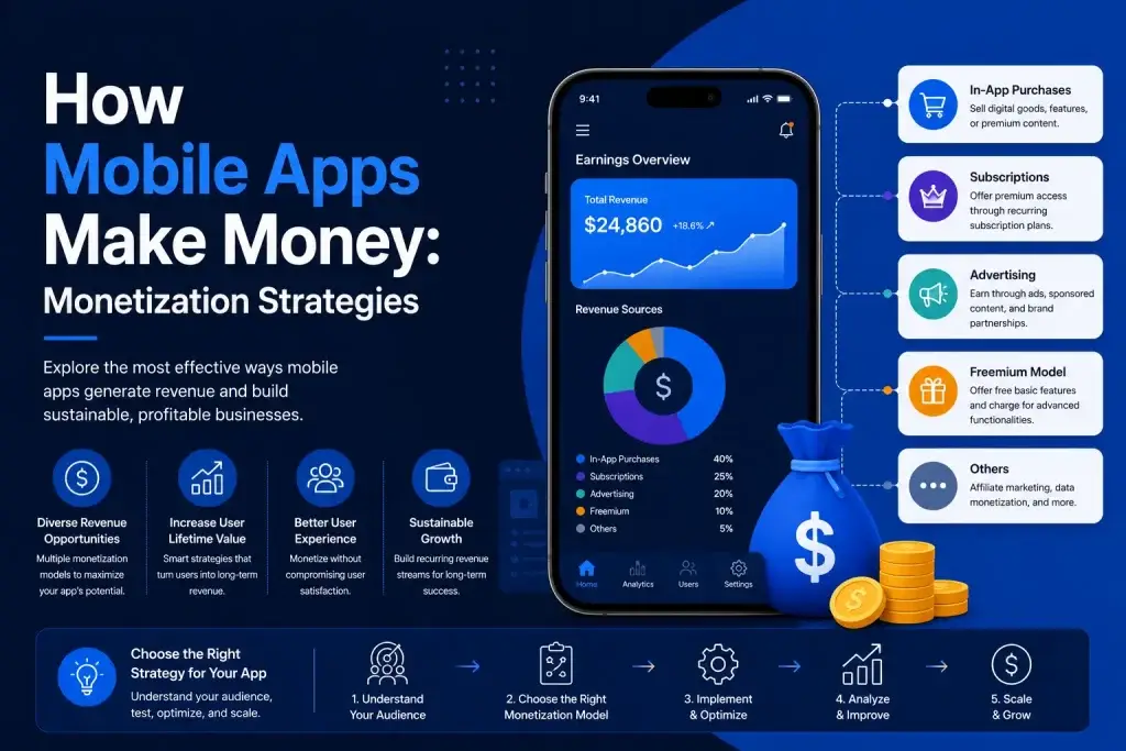 Mobile app monetization infographic showing in-app purchases, subscriptions, advertising, freemium model, and revenue growth strategies