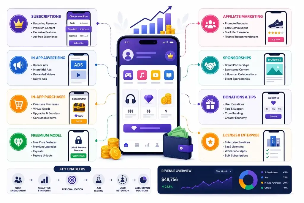 How Mobile Apps Make Money: Monetization Strategies 1 Mobile app revenue model infographic showing subscriptions, in-app advertising, purchases, affiliate marketing, sponsorships, donations, and SaaS licensing monetization strategies
