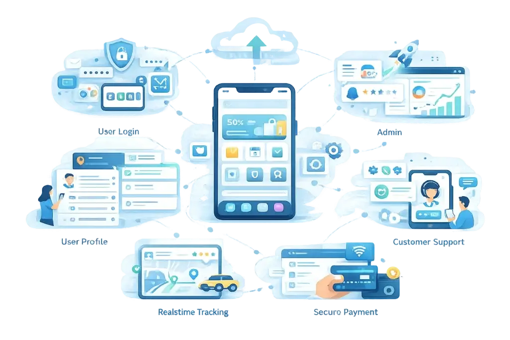 How Mobile Apps Help Businesses Grow Faster in the Digital Era 1 Mobile app ecosystem illustration showing user login, user profiles, admin dashboard, customer support, real-time tracking, and secure payment integration