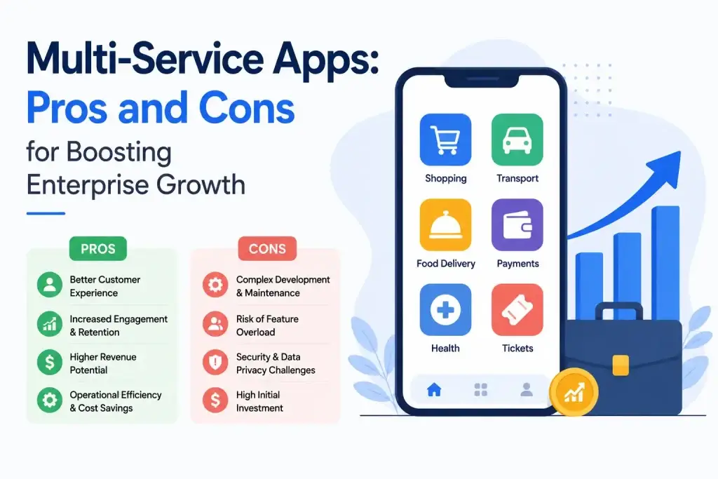 Infographic showing the pros and cons of multi-service apps for enterprise growth with shopping, transport, food delivery, payments, health, and ticket booking features.