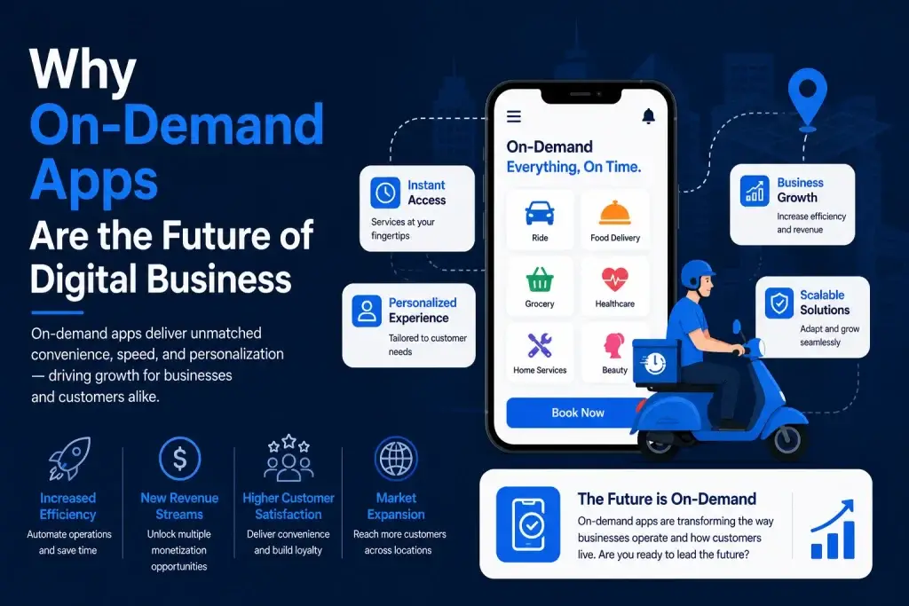On-demand apps future of digital business showing ride, food delivery, grocery, healthcare, home services, beauty, instant access, and business growth