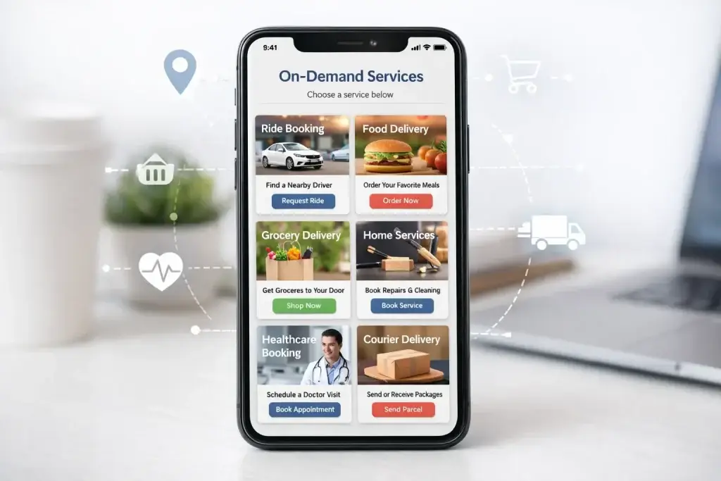 What Is an On-Demand App? Business Model, Features & Revenue 1 on-demand-services-app-ui-ride-food-grocery-healthcare-courier.