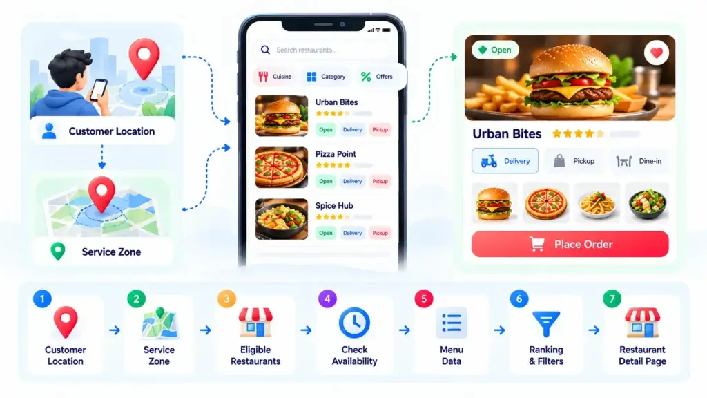 Restaurant Discovery and Delivery Platform Architecture: Listings, Search, Orders, Payments, and Delivery 1 Restaurant discovery platform showing customer location, service zones, eligible restaurants, availability, menu data, ranking, filters, and restaurant details