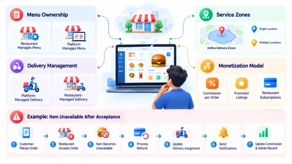 Restaurant Discovery and Delivery Platform Architecture: Listings, Search, Orders, Payments, and Delivery 2 Restaurant platform architecture showing menu ownership, service zones, delivery management, monetization models, and unavailable item refund workflow
