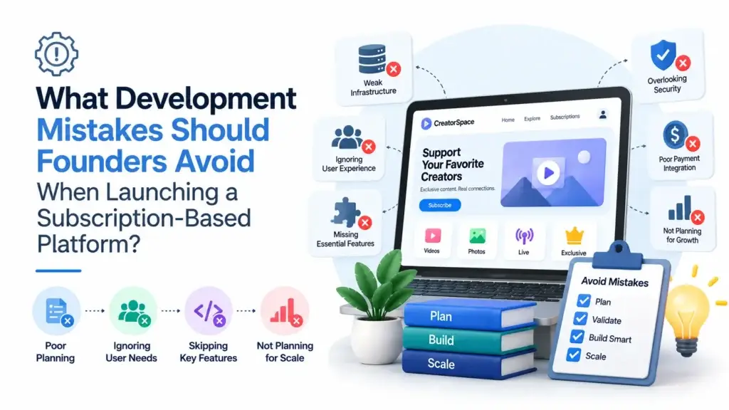 Subscription-based platform development mistakes founders should avoid, including poor planning, weak user experience, missing key features, security gaps, compliance issues, and poor scalability.