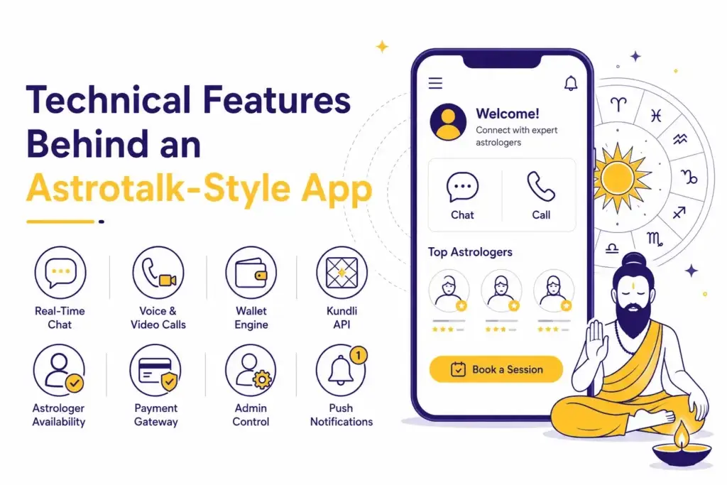 Astrotalk Features Breakdown for Startup Builders 2 Vector illustration of technical features behind an Astrotalk-style app with astrology icons, mobile app screen, chat, calls, wallet, Kundli API, payment gateway, admin control, and push notifications.