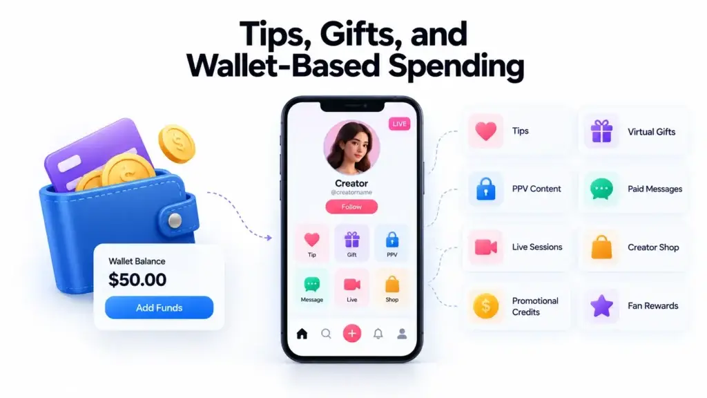 From Subscriptions to Multi-Stream Revenue: Monetization Options for a Subscription-Based Platform 1 Creator subscription platform showing tips, virtual gifts, PPV content, paid messages, live sessions, wallet balance, and fan rewards.