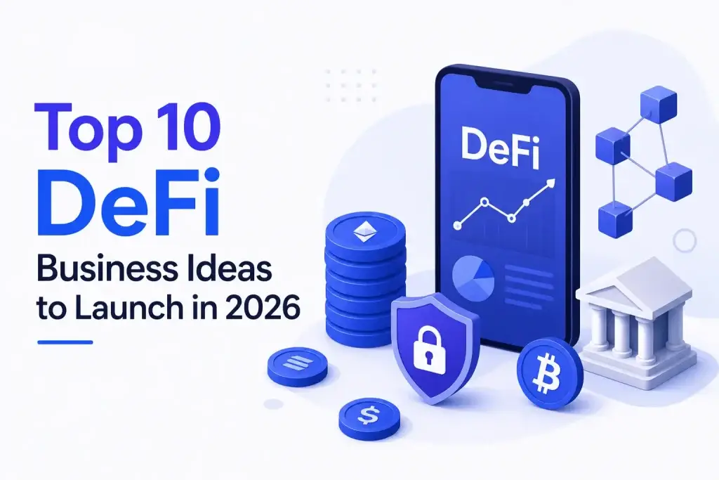 Illustration showing DeFi business ideas with blockchain, crypto coins, decentralized finance app interface, and digital banking elements.