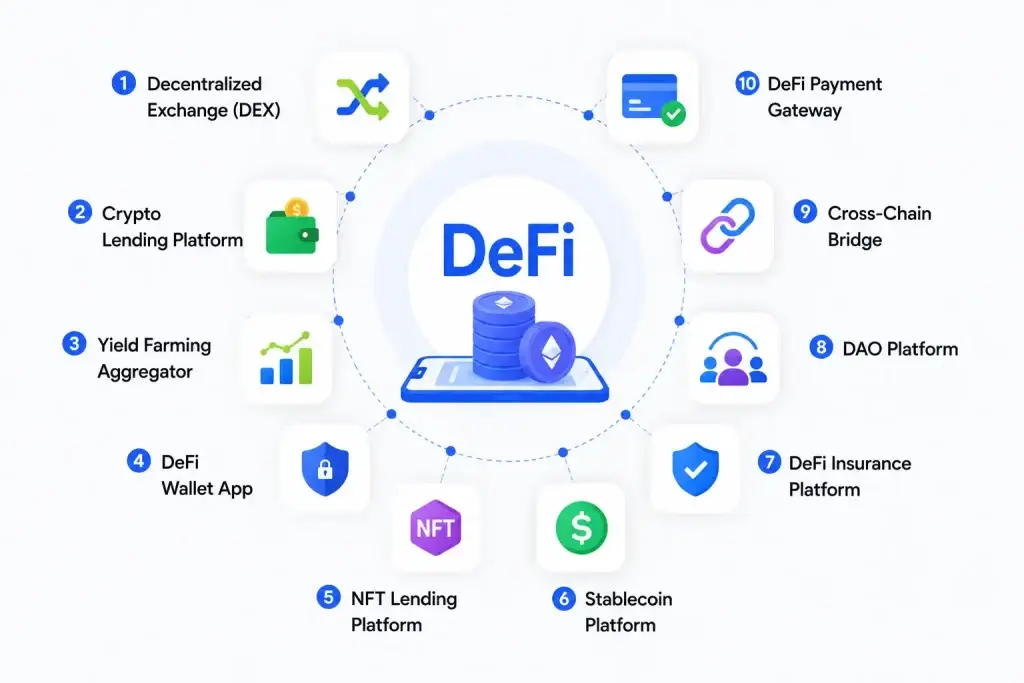 Top 10 DeFi Business Ideas to Launch in 2026 1 Infographic showing top DeFi business ideas including DEX, crypto lending, DAO platforms, DeFi wallets, and payment gateways.