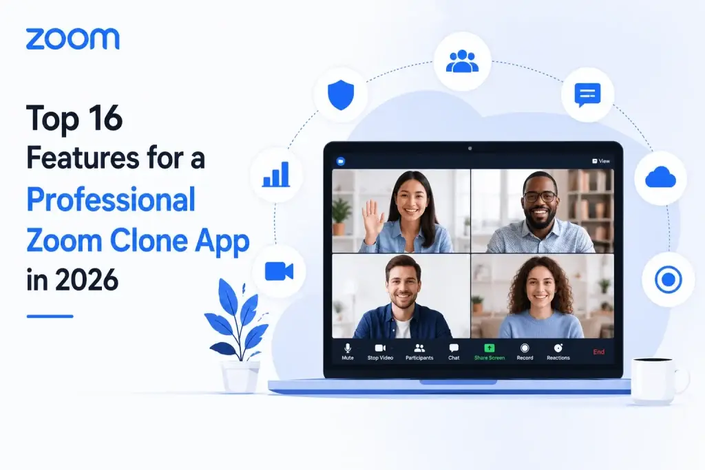 Infographic showing top features of a professional Zoom clone app including video conferencing, chat, screen sharing, cloud support, and security features.