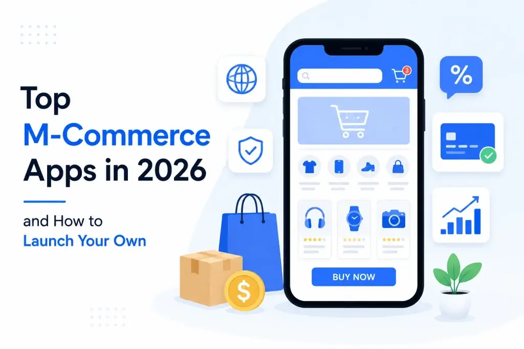Infographic showing top mobile commerce apps in 2026 with smartphone shopping interface, secure payments, online purchasing, and business growth features.