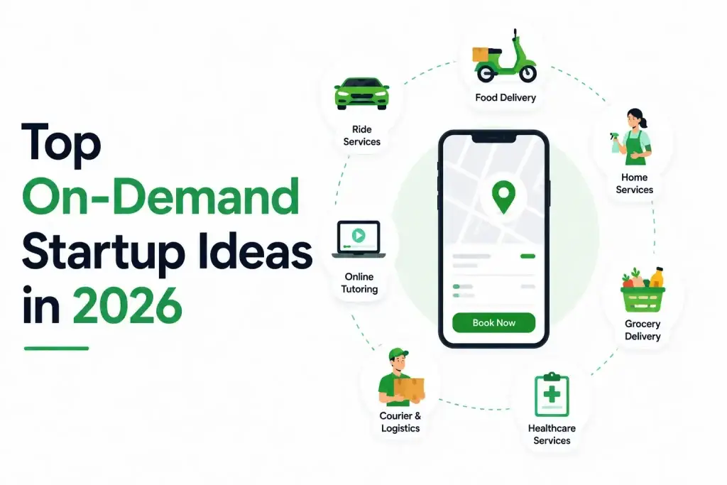 Infographic showing top on-demand startup ideas in 2026 including food delivery, ride services, grocery delivery, healthcare, tutoring, and home services.