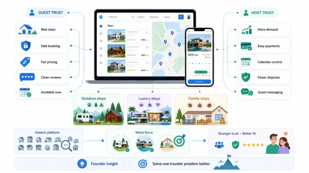 Top Vacation Rental Platforms in the USA: What Founders Can Learn From Their Market Positioning 1 Vacation rental platform strategy showing guest trust, host trust, niche stays, pricing, reviews, payments, and market positioning