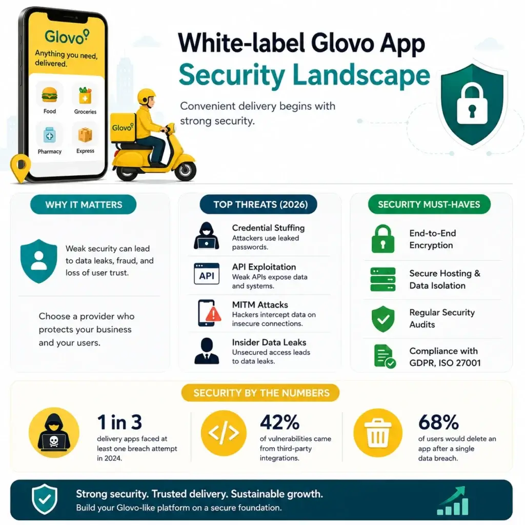 White-label Glovo App Safety Explained: Risks & Protections 1 White-label Glovo app security landscape infographic showing delivery app threats, security requirements, encryption, compliance, and data protection measures