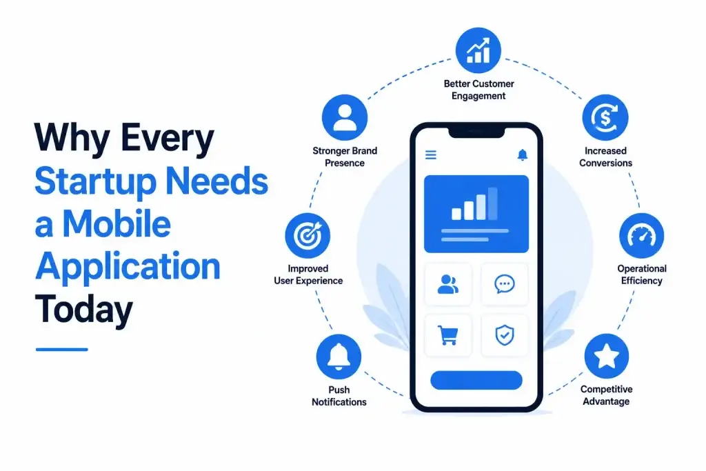Infographic explaining why startups need a mobile application, highlighting customer engagement, conversions, branding, efficiency, and competitive advantage.