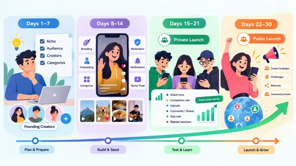 Startup Launch Strategy for a Short-Form Video Platform: From Product Readiness to Early Growth 2 30-day short-form video platform launch roadmap covering strategy, creator readiness, branding, onboarding, content seeding, private testing, performance metrics, public launch, and community growth.