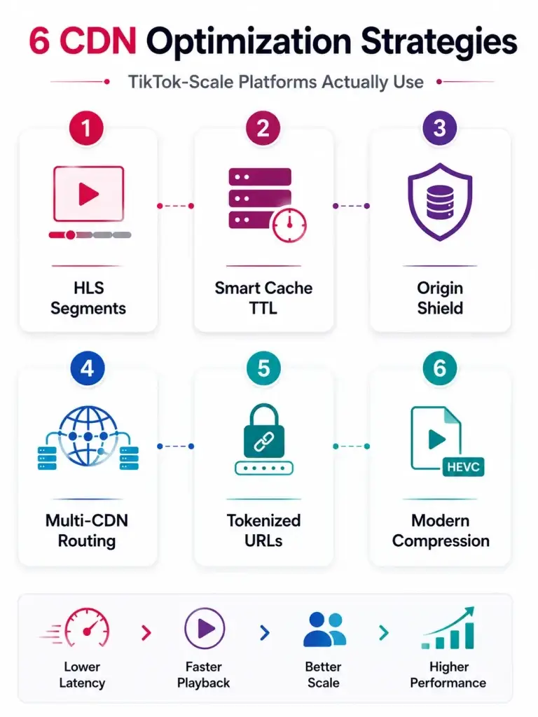 CDN Optimization for Short Video Apps: How to Deliver Videos Faster With Lower Latency 2 Infographic showing six advanced CDN optimization techniques used by TikTok-scale short video platforms for faster playback and lower latency