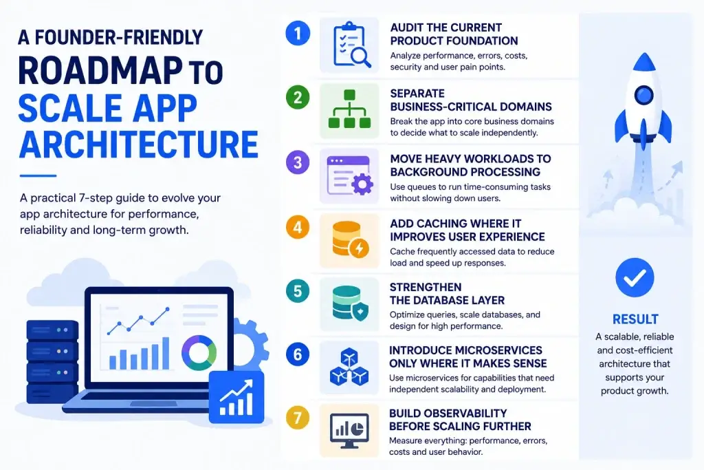 Scaling Beyond Clone: When and How to Transition to Custom Architecture 1 Short infographic showing a 7-step roadmap for scaling app architecture, including audits, caching, background processing, microservices, and observability.