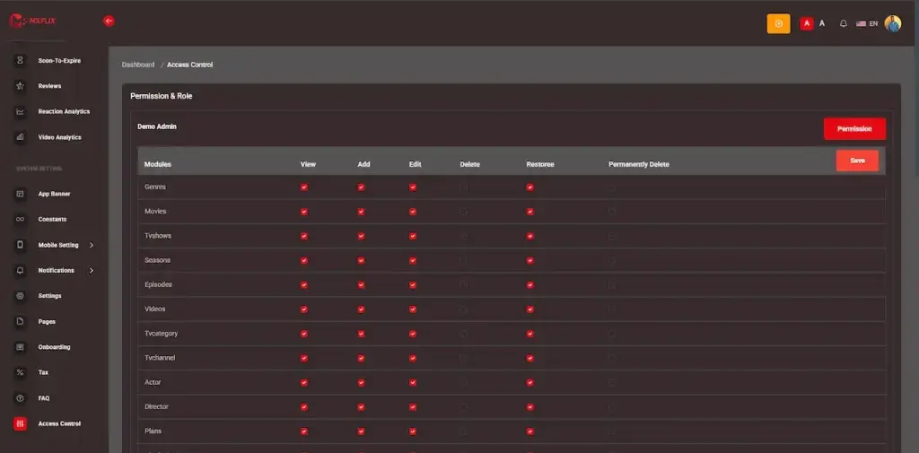 Netflix Clone 34 Administrator permission matrix for viewing, adding, editing, deleting, restoring, and permanently deleting content modules by role