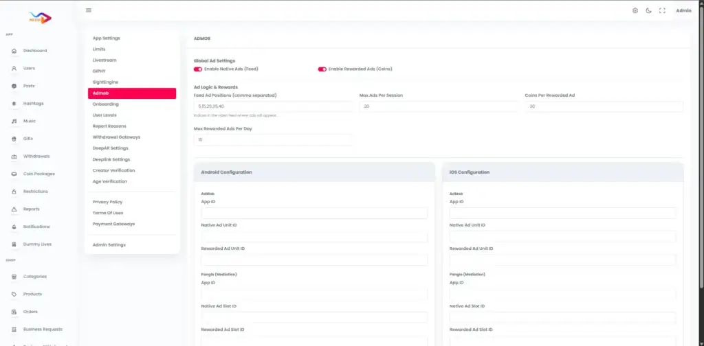TikTok Clone 48 Administrator mobile-ad settings for feed and rewarded ads, ad frequency, rewards, Android identifiers, and iOS identifiers