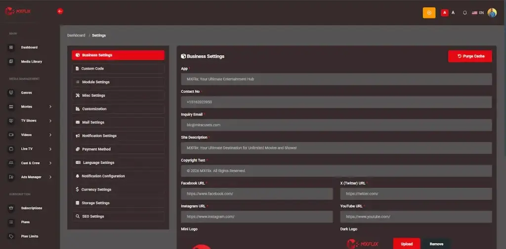 Netflix Clone 32 Administrator business settings for app identity, contact information, site description, copyright, social links, and cache management