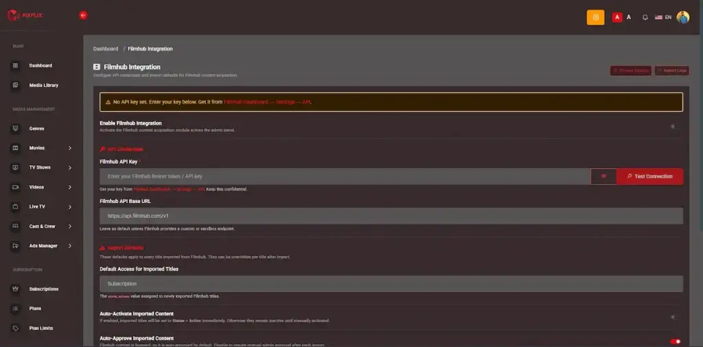 Netflix Clone 37 Administrator Filmhub integration settings for API credentials, connection testing, content imports, and external catalog configuration