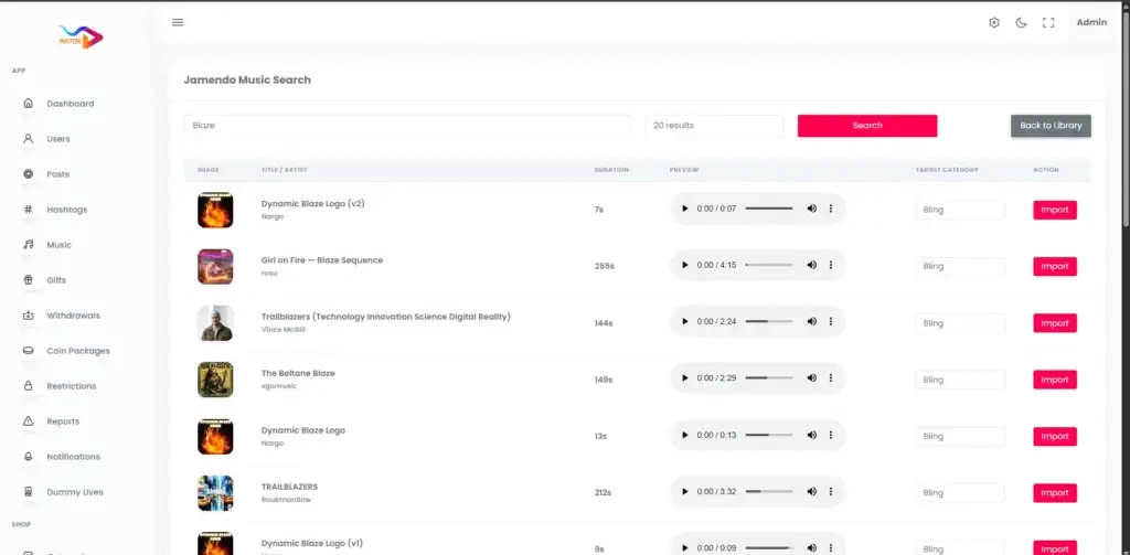 TikTok Clone 43 Administrator Jamendo music search with track artwork, artist, duration, audio preview, category assignment, and import actions