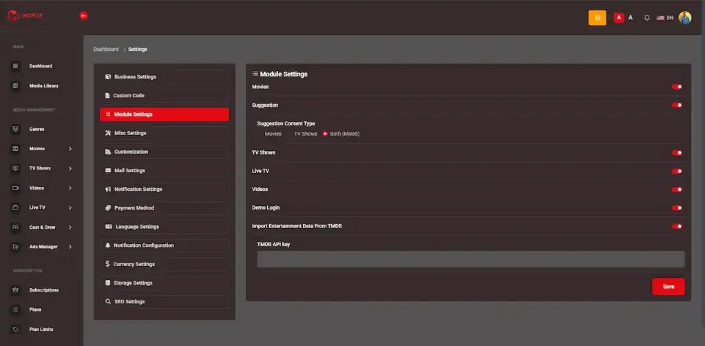 Netflix Clone 36 Administrator module controls for movies, suggestions, TV shows, live TV, videos, demo login, metadata imports, and API settings