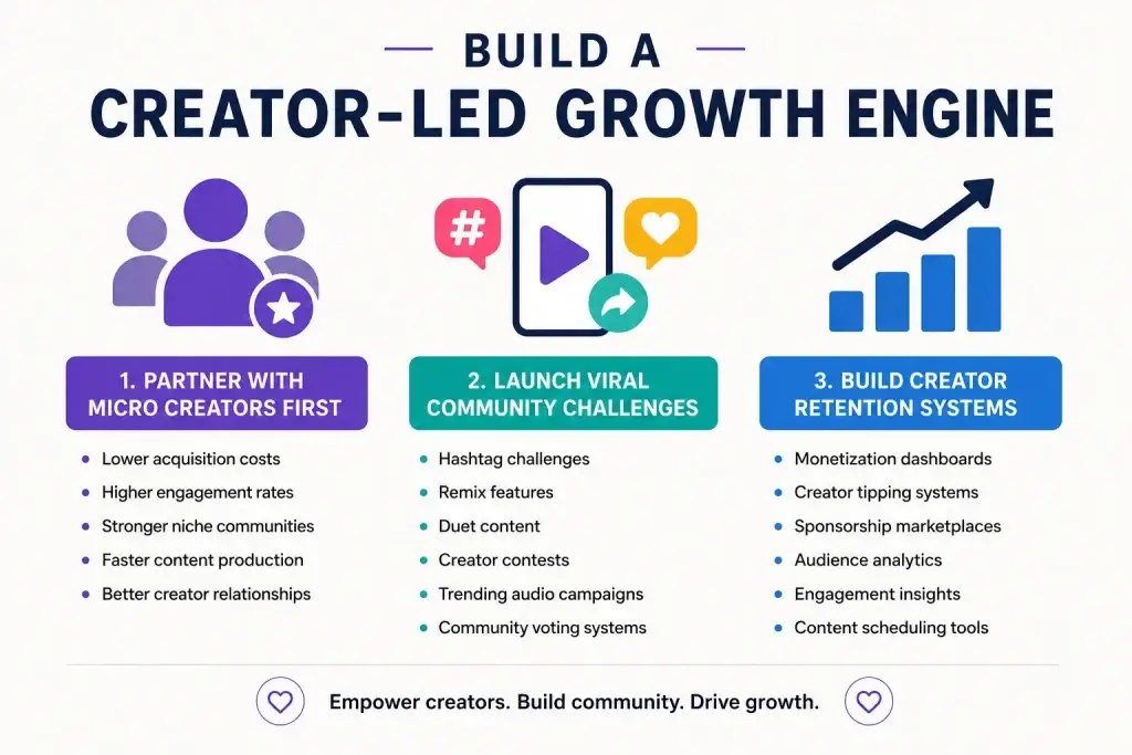 User Acquisition Strategies That Help Short Video Platforms Grow Faster 1 Illustration showing creator-led growth strategies for short-video platforms including micro creators, viral challenges, and creator retention systems User Acquisition Strategies