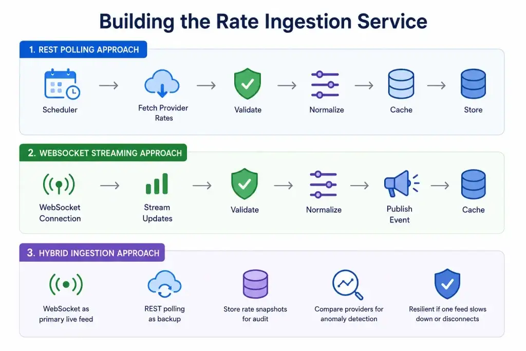 How to Build a Real-Time FX Engine for a Wise Clone With Low-Latency Exchange Rate Feeds 2 Infographic showing three approaches for building a real-time FX rate ingestion service using REST polling, WebSocket streaming, and hybrid ingestion architecture.