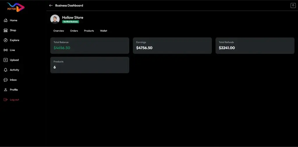 TikTok Clone 41 Desktop business dashboard showing store balance, earnings, refunds, product count, orders, products, wallet, and merchant performance