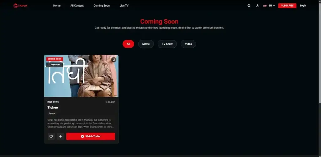 Netflix Clone 40 Desktop coming-soon page with movie, TV show, and video filters plus release artwork, date, language, genre, and synopsis