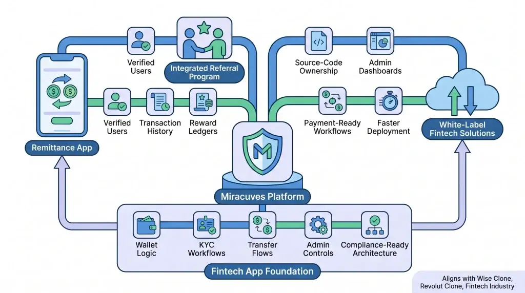 Referral Programs for Remittance Apps: How to Design Incentives That Drive User Growth 1 Remittance fintech app architecture diagram showing referral program integration, KYC workflows, wallet logic, transfer flows, compliance systems, and white-label fintech deployment