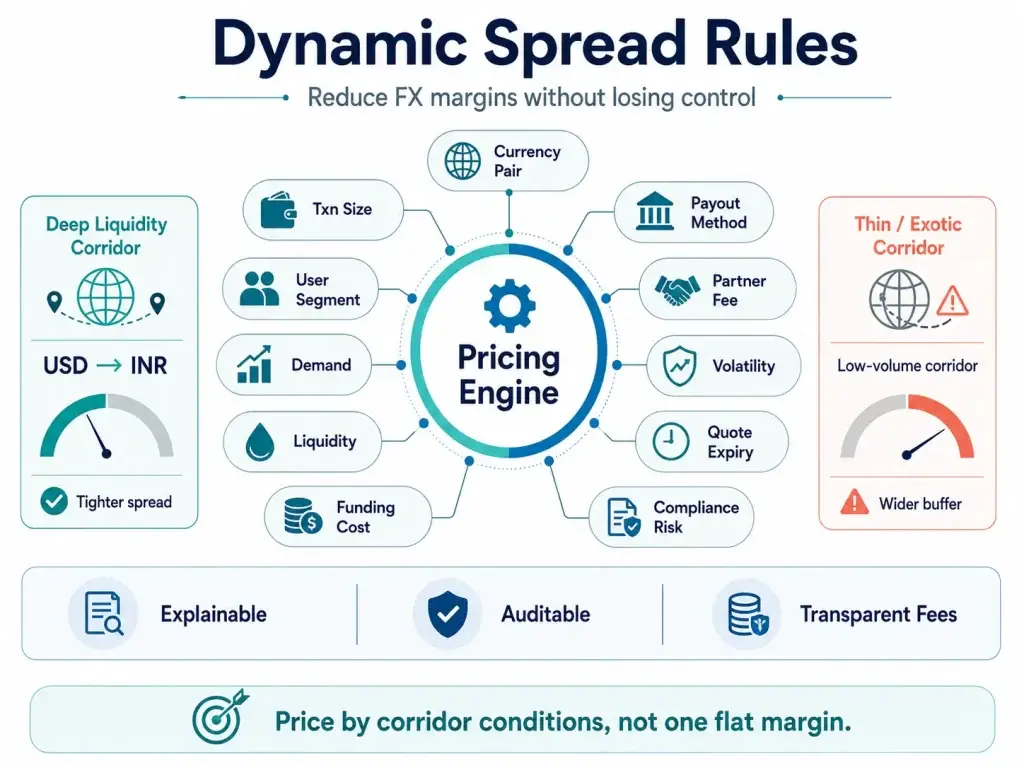 How High-Volume Remittance Platforms Reduce FX Margins With Liquidity and Nostro Optimization 1 Fintech infographic showing a dynamic FX pricing engine that adjusts foreign exchange spreads based on liquidity, volatility, demand, corridor type, and transaction conditions.
