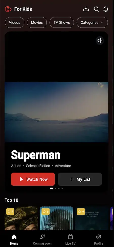 Netflix Clone 23 Mobile home banner with featured video, pay-per-view rentals, content categories, search, alerts, and download navigation